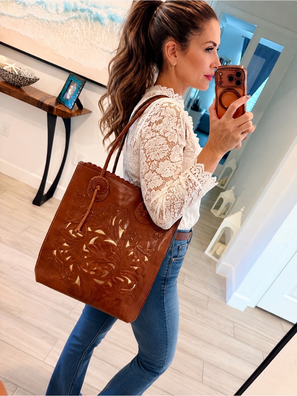 Patricia Nash Tooled Leather Floral Cutout Shopper. Gold Leather Underlay. GUC - Picture 3 of 17
